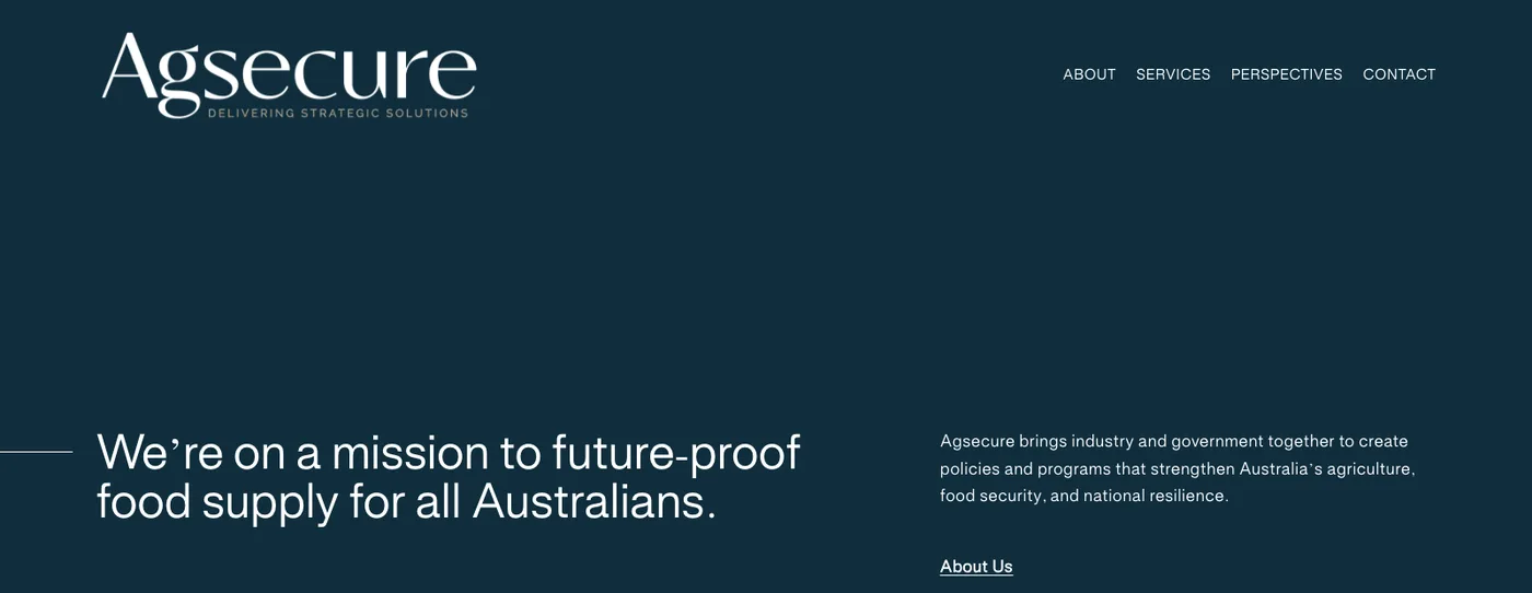 AgSecure website, built by Creative Baguette for a rural and regional policy advisory practice