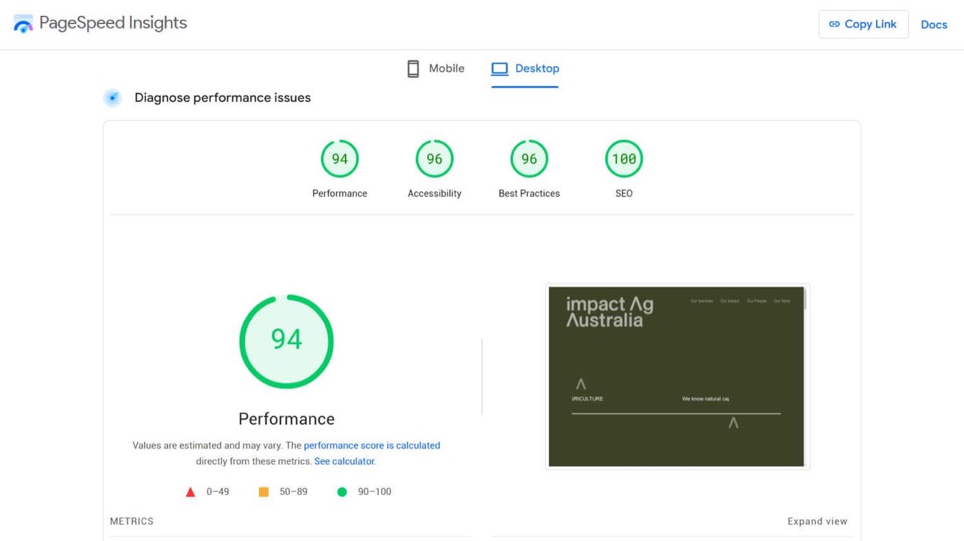 PageSpeed Insights audit results for a Creative Baguette build: 94 performance, 96 accessibility, 96 best practices, 100 SEO