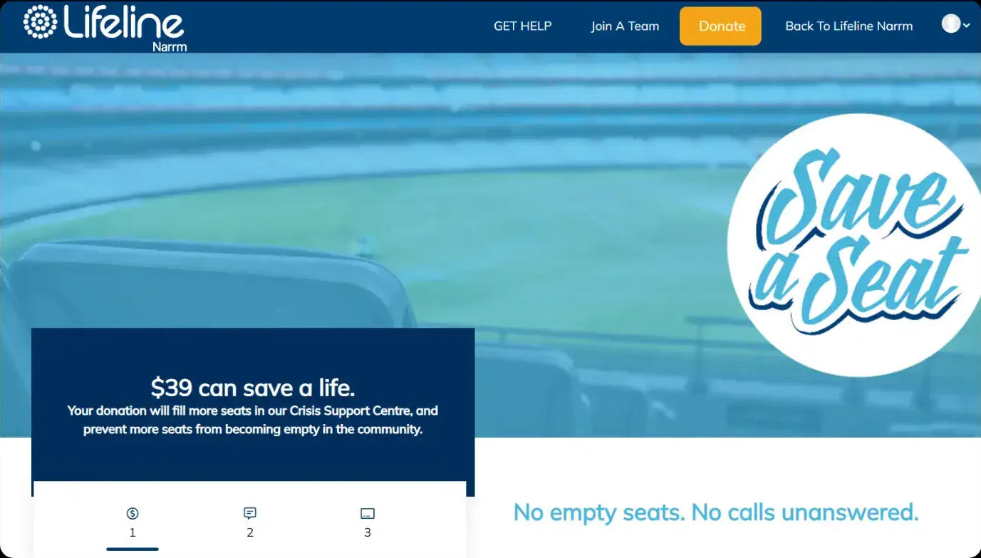 Lifeline Narrm Save a Seat fundraising page, designed and built by Creative Baguette
