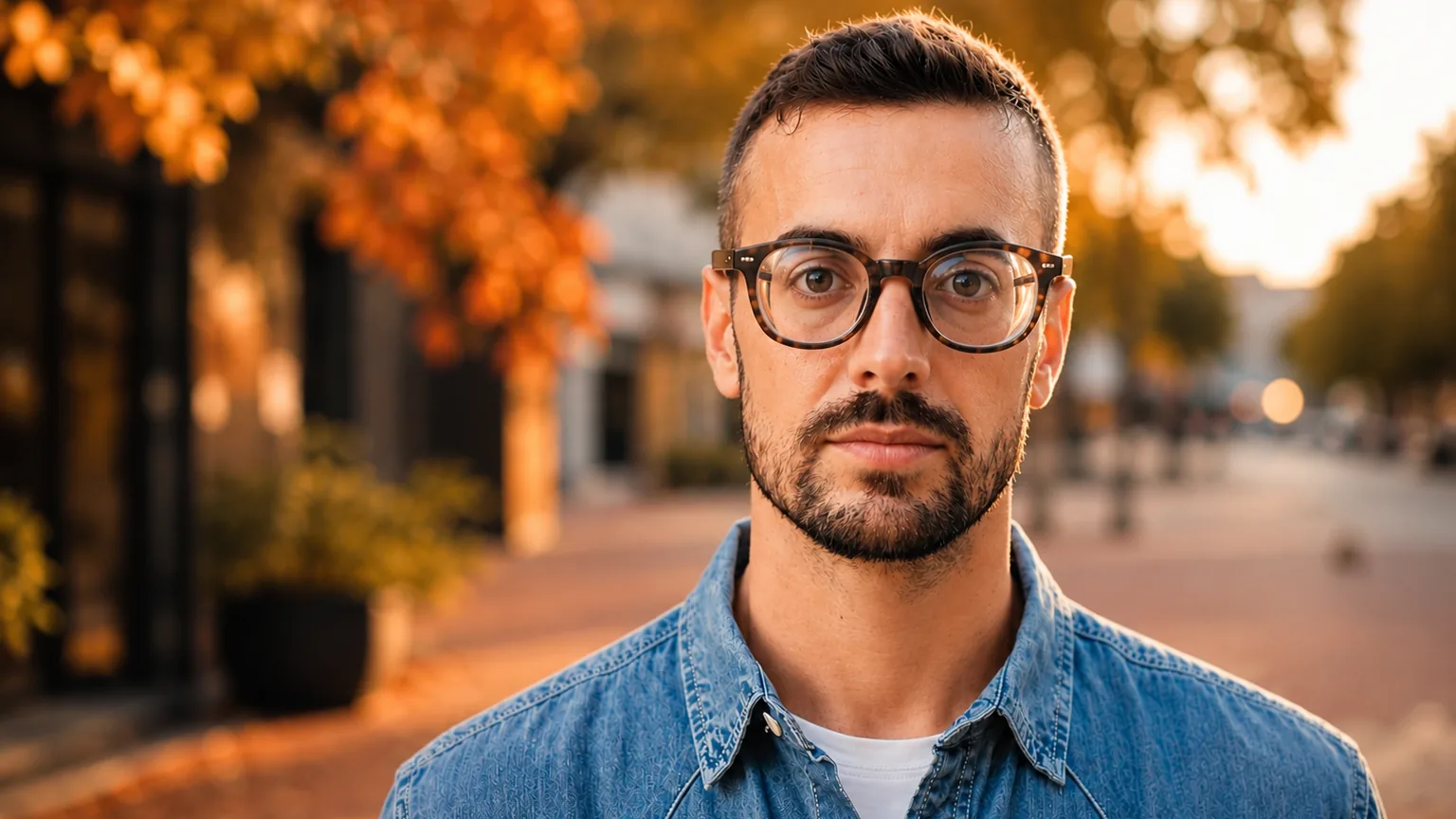 Man wearing glasses looking straight at the camera on a tree-lined street at sunset